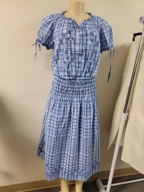 Blue Plaid Peasant Midi Skirt Set Casual.